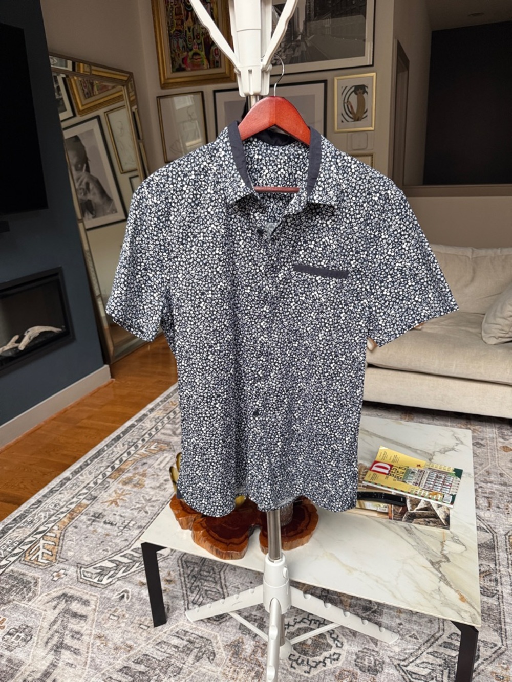 Lululemon vintage Men's Short-Sleeve Navy Floral Button-Up Shirt